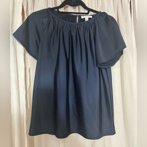 Blue Flutter Sleeve Blouse with Ruffled Neckline